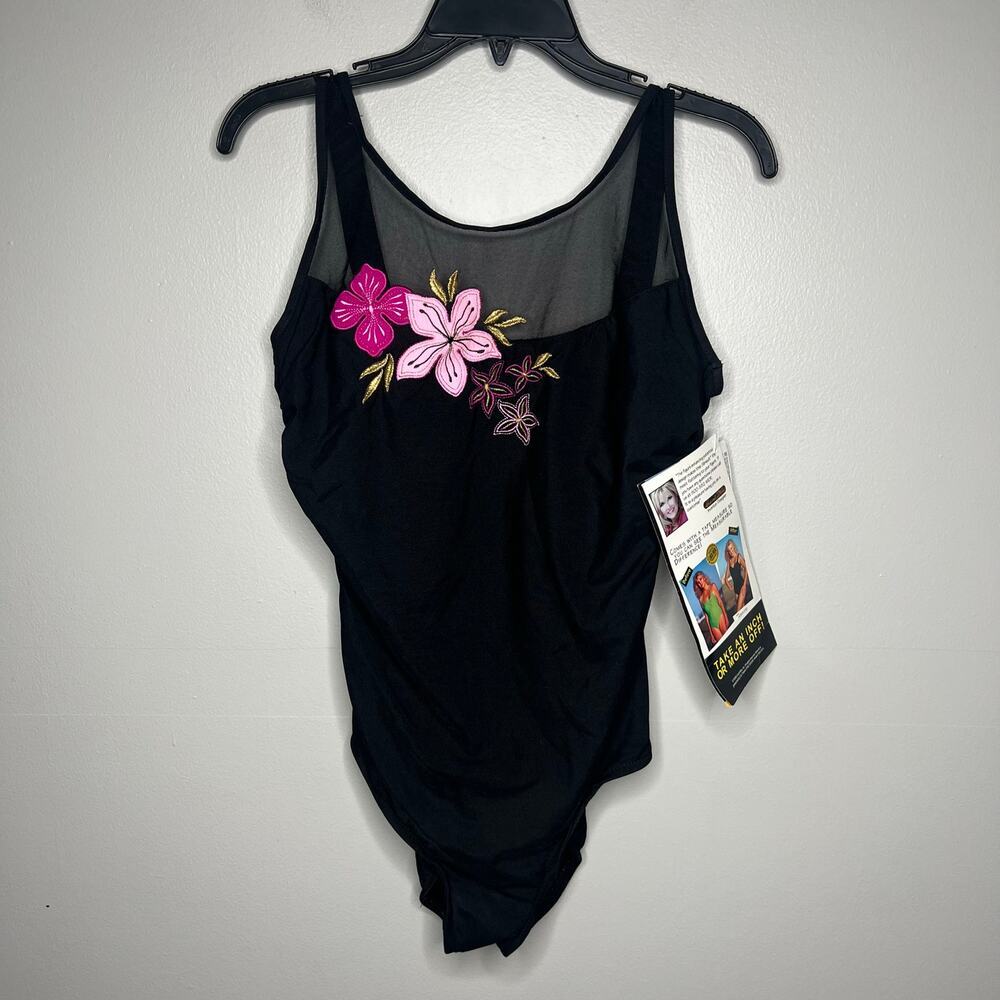 Black One-Piece Swimsuit with Pink Floral Applique - Unbranded